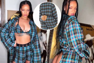 Rihanna modeling blue plaid pjs with a butt cutout