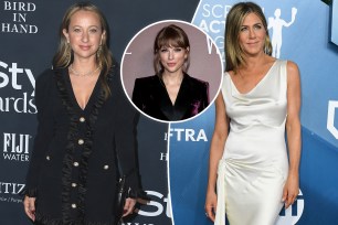 A split of Jennifer Meyer and Jennifer Aniston, and a photo of Taylor Swift in the inset.