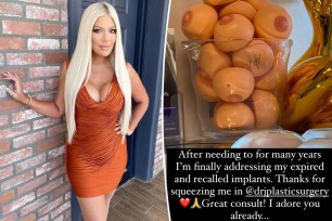 A split of Tori Spelling in an orange dress and a screenshot of her Instagram Story about breast implants.