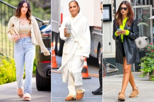 A split of Megan Fox, Jennifer Lopez and Emily Ratajkowski all wearing Uggs and walking outside