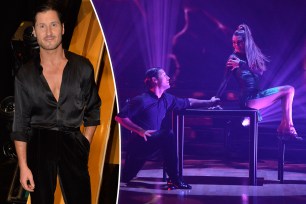 A split photo of Val Chmerkovskiy posing alongside him dancing with Olivia Jade