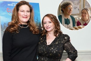 Ana Gasteyer and Rachel Dratch standing together at an event with an inset of them in "A Clüsterfünke Christmas."