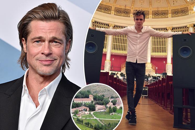 A split image of Brad Pitt and Damien Quintard with an inset of the french estate Château Miraval.