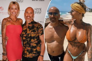 A split photo of Brett Oppenheim and his now ex-girlfriend Tina Louise posing at a red carpet event and at the beach
