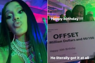 A split of Cardi B and the check she gifted her husband.