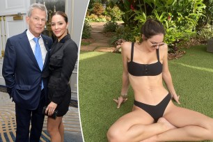 A split of David Foster and Katharine McPhee at an event together and McPhee wearing a bikini outdoors.