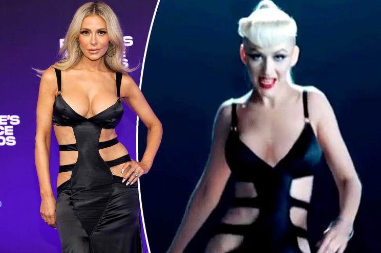 A split of Dorit kemsley and Christina Aguilera in what seems to be the same black dress