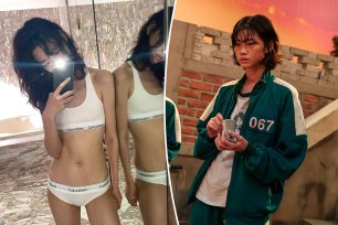 Split of HoYeon Jung posing for a mirror selfie and HoYeon Jung in "Squid Game."