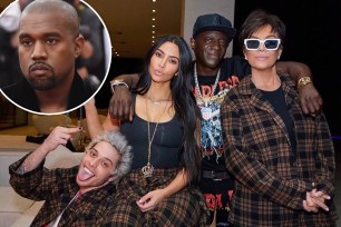 kim kardashian with kris jenner, pete davidson and Flavor Flav; inset of kardashian with kanye west