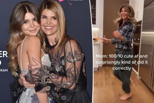 A split of Lori Loughlin and Olivia Jade Giannulli hugging on a red carpet and a screenshot of Loughlin dancing in Giannulli's TikTok video.