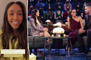 A split photo of Tayshia Adams' Instagram Story on Tuesday and Kaitlyn Bristowe hosting "After the Final Rose" with Michelle Young