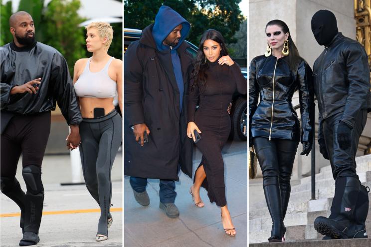 A split of Kanye West with Bianca Censori, Kim Kardashian and Julia Fox