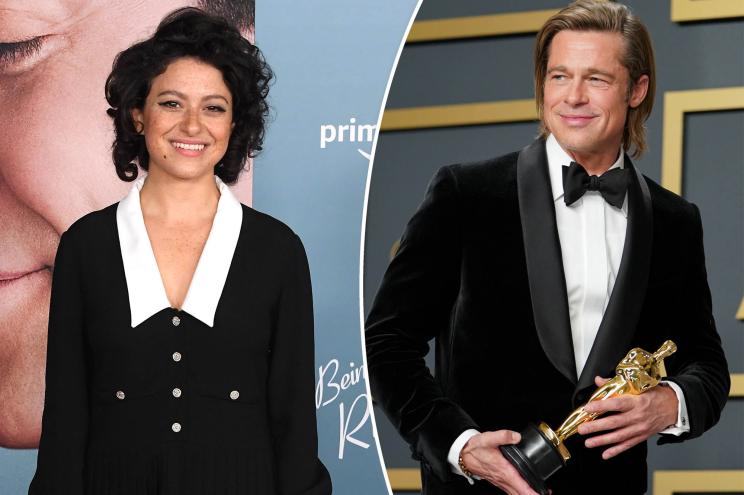 A split image of Alia Shawkat and Brad Pitt