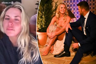 A split of Cassidy Timbrooks talking in an Instagram video and sitting on a couch with Clayton Echard on "The Bachelor."