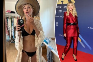 Christie Brinkley bikini pic (left) and on a red carpet (right)