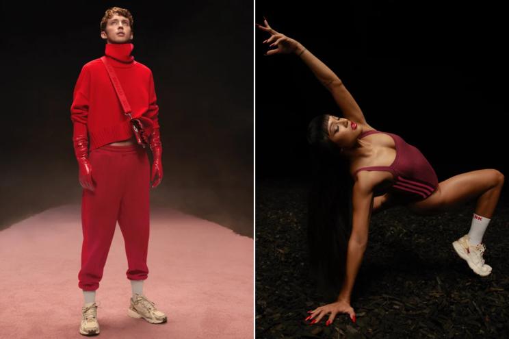 Troye Sivan (left) in an all-red sweatsuit and Karrueche Tran (right) in a bodysuit