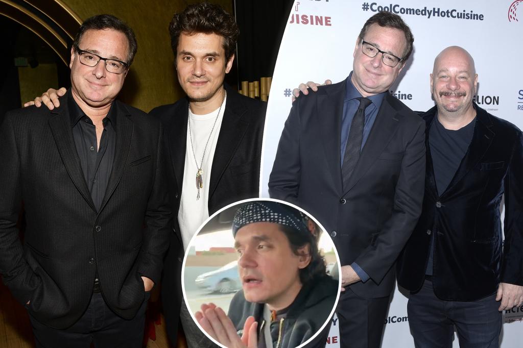 A split of Bob Saget with John Mayer and Jeff Ross with an inset of Mayer speaking about Saget in a car.