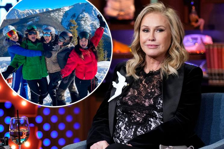 Kathy Hilton on "Watch What Happens Live" with an inset of the "RHOBH" cast in Aspen.