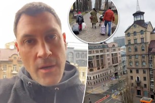 A screenshot of Maksim Chmerkovskiy talking in an Instagram video on a balcony in Ukraine.