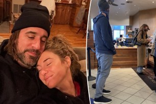 A split photo of Aaron Rodgers and Shailene Woodley snuggling together and a photo of the two standing at a cafe in Los Angeles