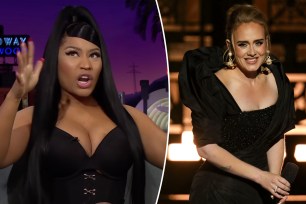 A split of Nicki Minaj on "The Late Late Show" and Adele performing onstage.
