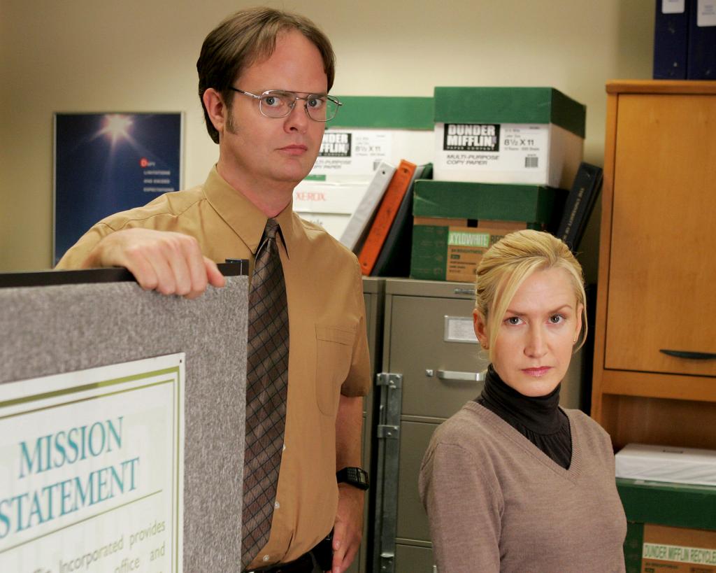 Rainn Wilson as Dwight Schrute and Angela Kinsey as Angela Martin on "The Office."