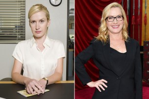 A split of Angela Kinsey on "The Office" and on a red carpet.