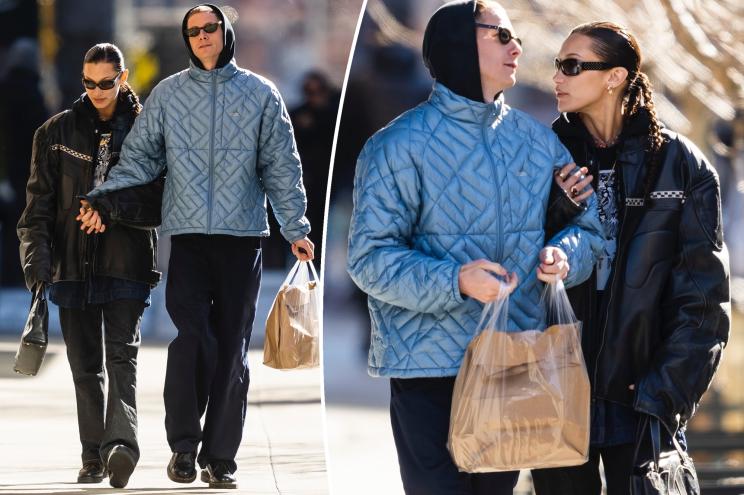 A split photo of Bella Hadid holding hands with Marc Kalman and the couple talking on the same walk