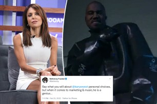 A split of Bethenny Frankel sitting on a couch and Kanye West posing in an all-black outfit with an inset of Frankel's tweet.