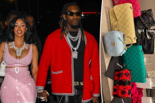 A split image of Cardi B and Offset holding hands and the six Chanel bags