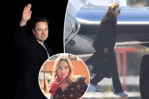 A composite of Elon Musk and Natasha Bassett exiting Musk's private jet.