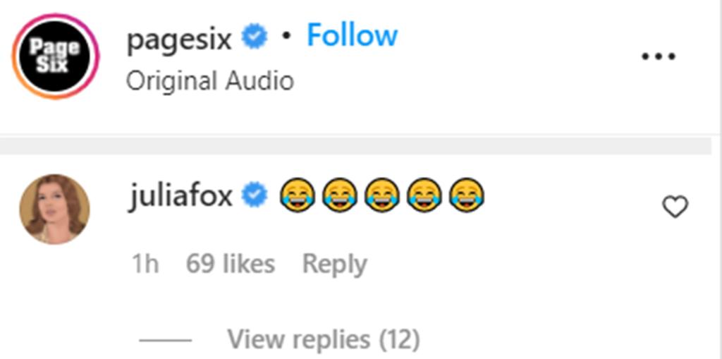 A screenshot of Julia Fox's comment under Page Six's Instagram post