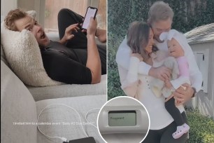 A split photo of Lutz sitting on the couch looking surprised and the two posing next to each other with their baby and a small photo of the pregnancy stick
