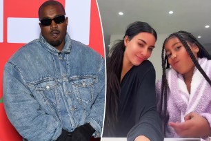 A split of Kanye West on a red carpet and Kim Kardashian and North West on TikTok.