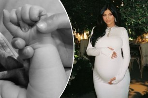 A split of Kylie Jenner's newborn son's hand and Jenner holding her baby bump at her shower.