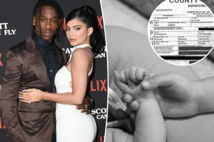 A split of Kylie Jenner and Travis Scott, their son's hands, and his birth certificate in the inset.