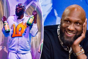 A split photo of Lamar Odom popping something on "Celebrity Big Brother" and a photo of him staring off