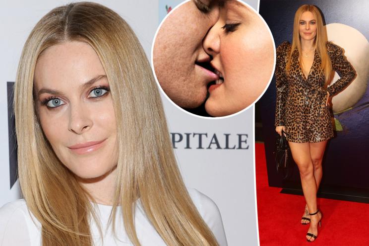 A split of Leah McSweeney on a red carpet in a white dress and in an animal print dress with an inset of a man and a woman passionately kissing.