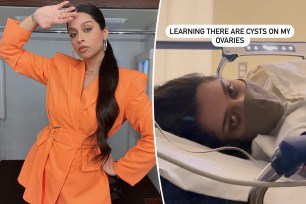 A split of Lilly Singh posing in an orange suit and lying in a hospital bed.