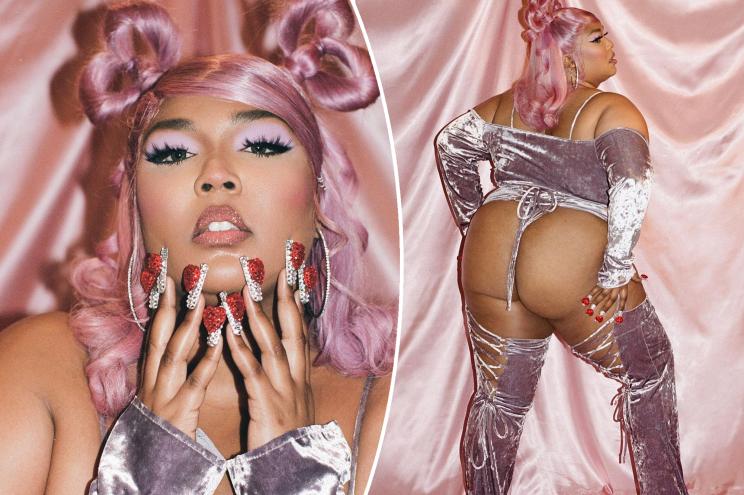 Lizzo's 3D rhinestone manicure and heart-shaped hair (left) her thong (right)