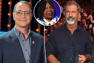 A split of Joshua Malina and Mel Gibson with an inset of Whoopi Goldberg in the center.