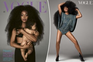 Naomi Campbell and baby on the cover of British Vogue (left) Campbell posing in a sequin mini dress (right)