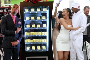 Nick Cannon next to machine full of condoms split with him and pregnant Bre Tiesi.