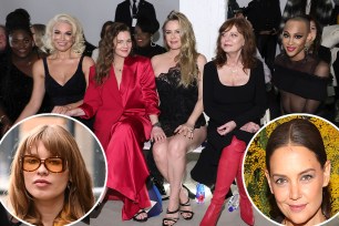 Danielle Brooks, Hannah Waddingham, Drew Barrymore, Alicia Silverstone, Susan Sarandon and MJ Rodriguez attend the Christian Siriano FW 2022 Runway Collection. Ivy Getty (L) and Katie Holmes (R) inset.