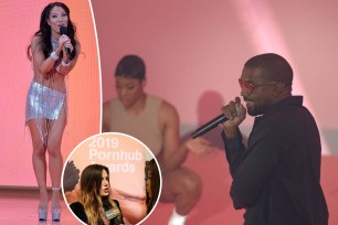 Porn model Asa Akira, Bella Thorne, and Kanye West appear in a composite image.