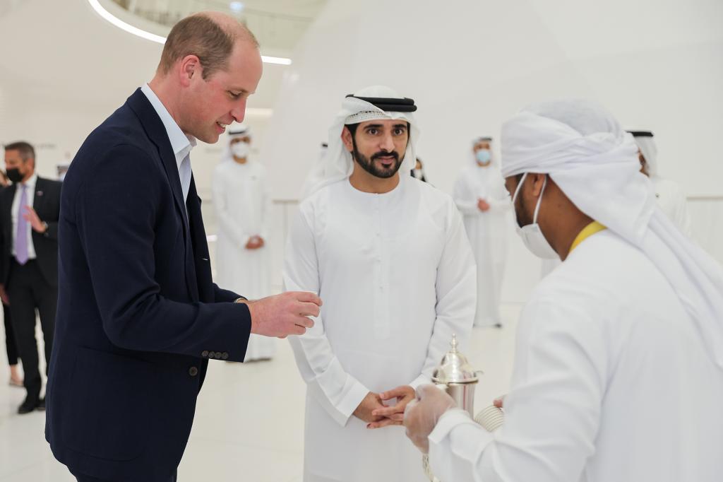 Prince William, Duke of Cambridge and His Highness Sheikh Hamdan bin Mohammed bin Rashid Al Maktoum, Crown Prince of Dubai share some beverages during a tour of the UAE pavilion at Expo2020, Dubai