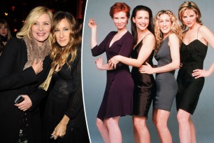 A split of Sarah Jessica Parker and Kim Cattrall posing together and the "Sex and the City" cast in a promotional photo.