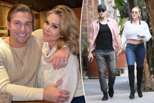A split of Shanna Moakler and Matthew Rondeau hugging and walking together.