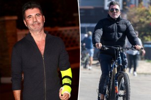 A split of Simon Cowell standing with an arm cast and riding an e-bike.