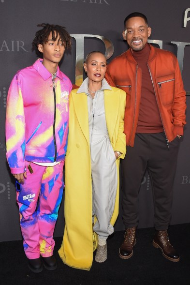 Wild wild smiths: Jaden Smith (left) is rocking an ’80s color palette at the premiere of “Bel-Air” with mom Jada Pinkett Smith and dad Will Smith.